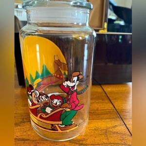 Vintage Disney Mickey Minnie Holiday horse drawn carriage glass canister w/ lid